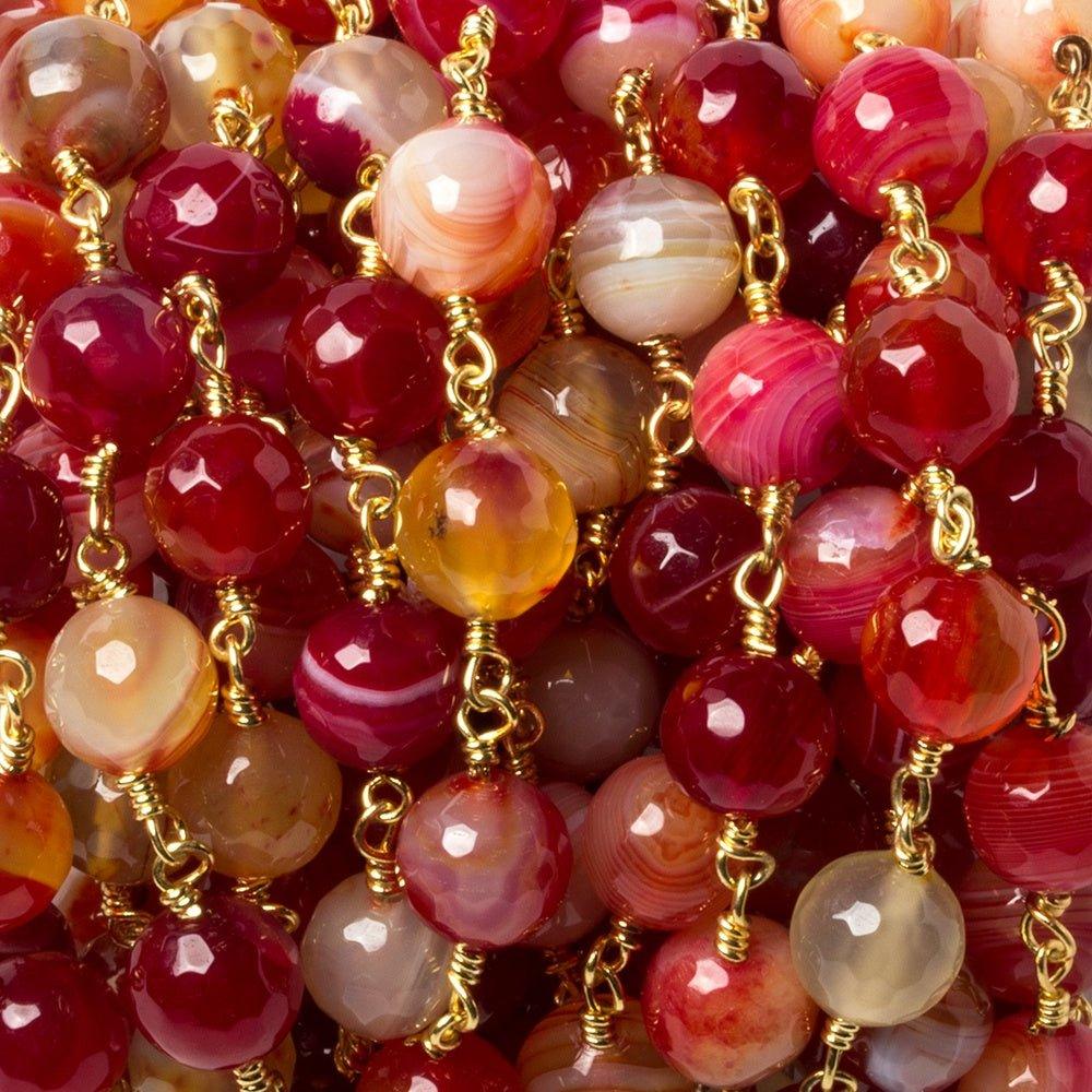 8mm Candy Red Banded Agate Rounds Gold plated Chain by the foot 21 pcs - The Bead Traders