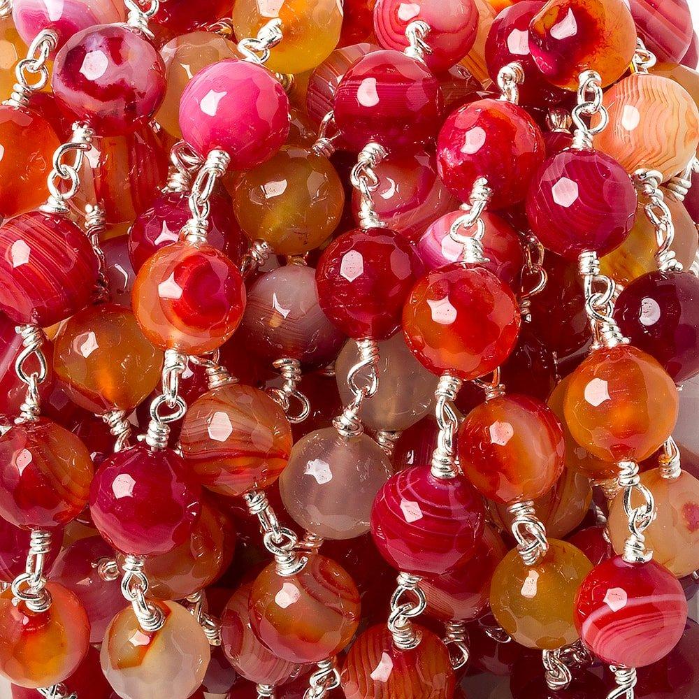 8mm Candy Red Banded Agate Rounds Silver plated Chain by the foot 21 pcs - The Bead Traders