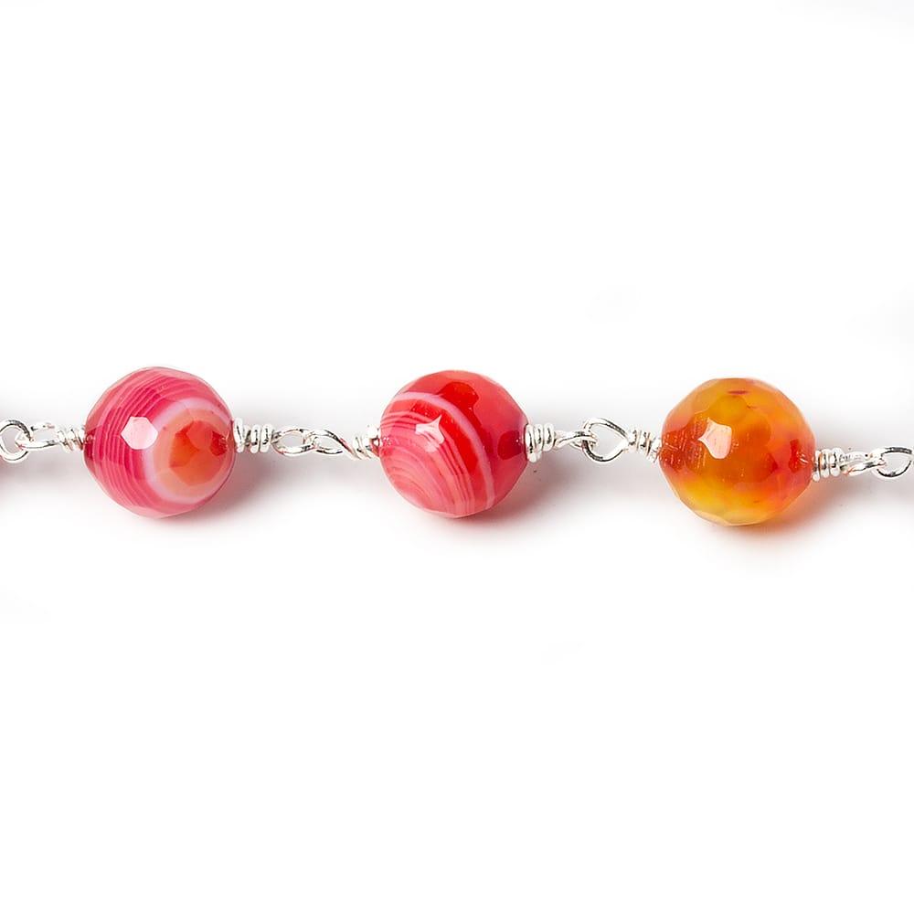 8mm Candy Red Banded Agate Rounds Silver plated Chain by the foot 21 pcs - The Bead Traders