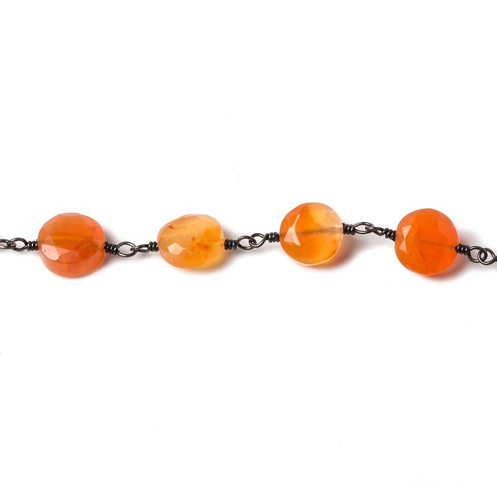 8mm Carnelian Agate faceted coin Black Gold plated Chain by the foot 22 pieces - The Bead Traders