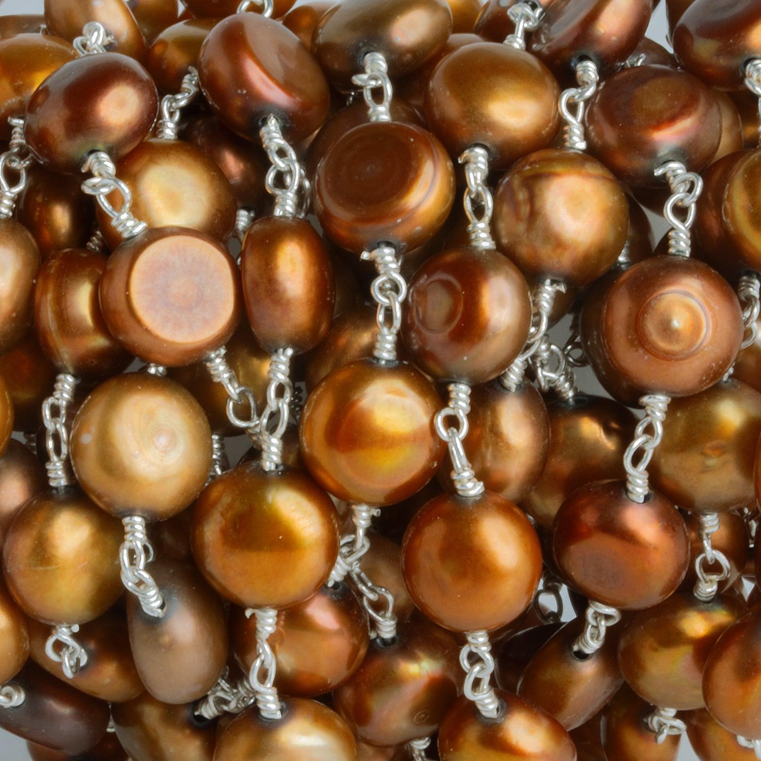 8mm Copper Button Freshwater Pearl Silver Chain - The Bead Traders