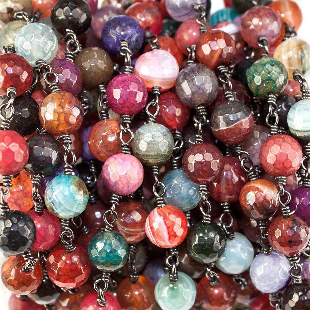 8mm Dark Multi Color Agate faceted round Black Gold Chain sold by the foot - The Bead Traders