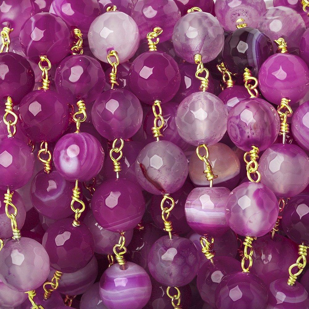 8mm Hot Pink Banded Agate faceted round Gold Chain by the foot 21 beads - The Bead Traders