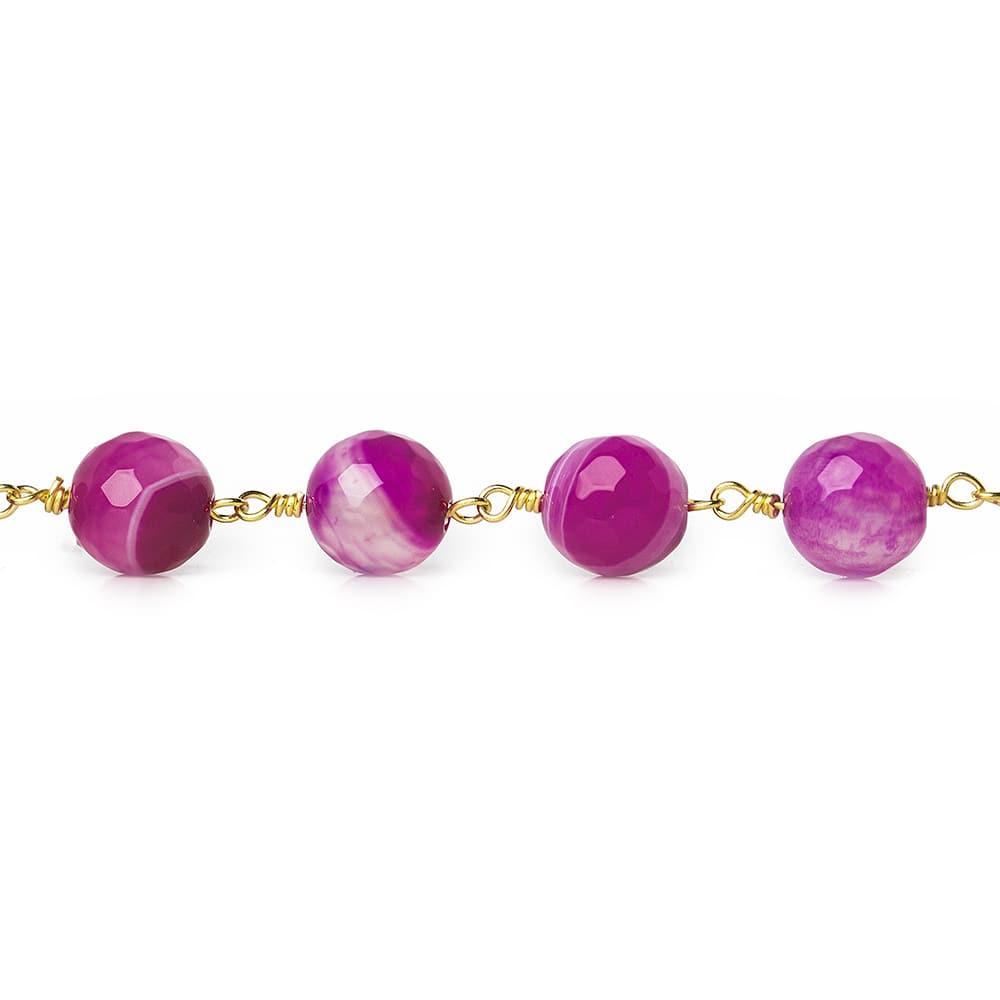 8mm Hot Pink Banded Agate faceted round Gold Chain by the foot 21 beads - The Bead Traders