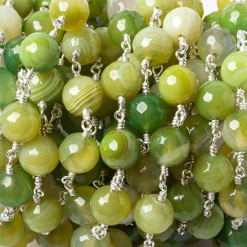 8mm Lime Green banded Agate faceted round Silver plated Chain by the foot 21 pieces - The Bead Traders