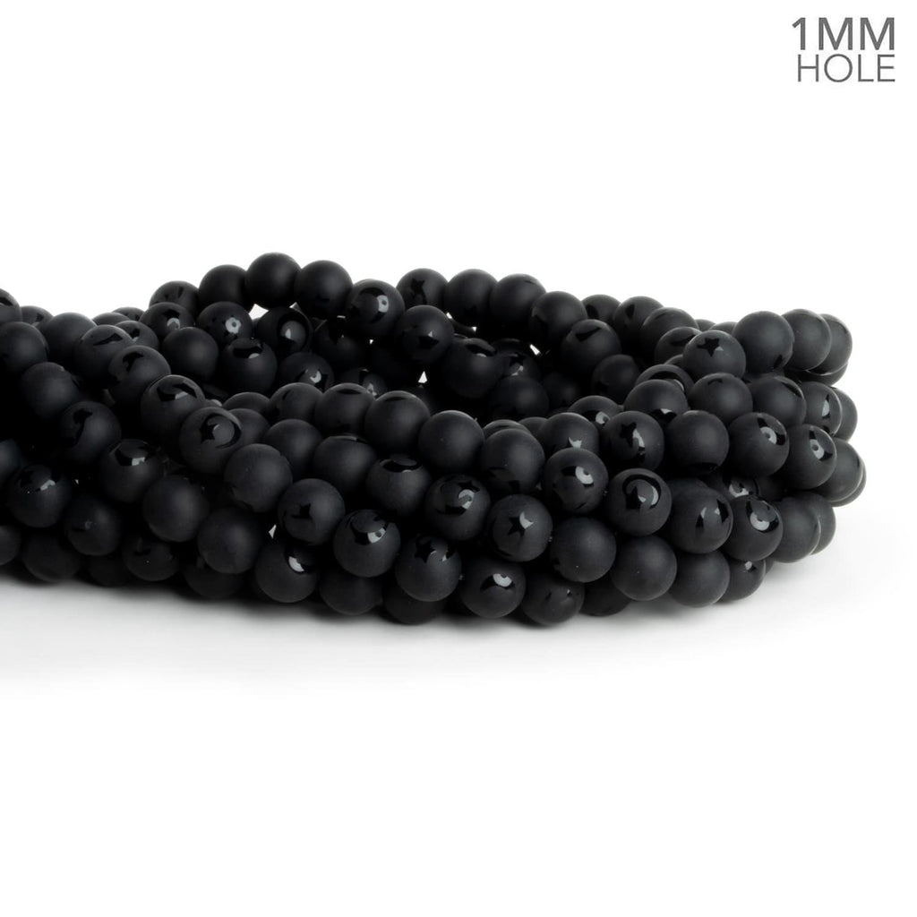 8mm Matte Black Onyx w/ Moon & Star Etching Rounds 15 inch 48 beads - The Bead Traders