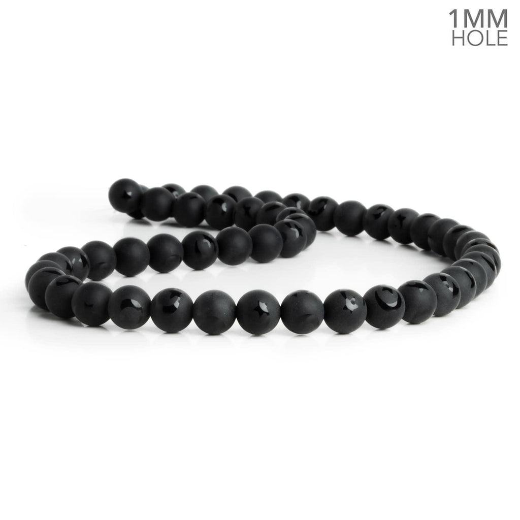 8mm Matte Black Onyx w/ Moon & Star Etching Rounds 15 inch 48 beads - The Bead Traders