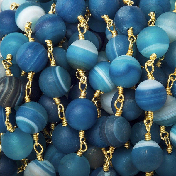 8mm Matte Blue Banded Agate plain round Gold Chain by the foot 21 beads