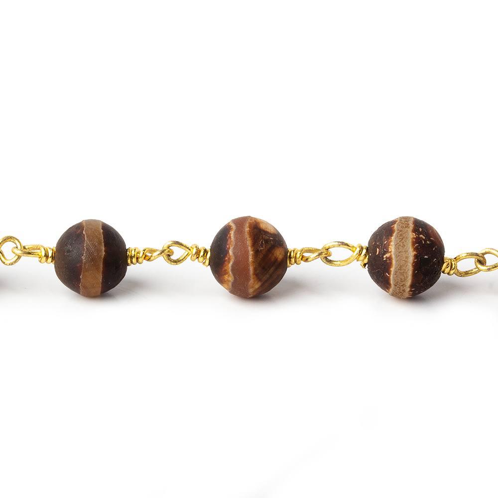 8mm Matte Brown Tibetan Agate round Gold Chain by the foot with 21 pcs - The Bead Traders