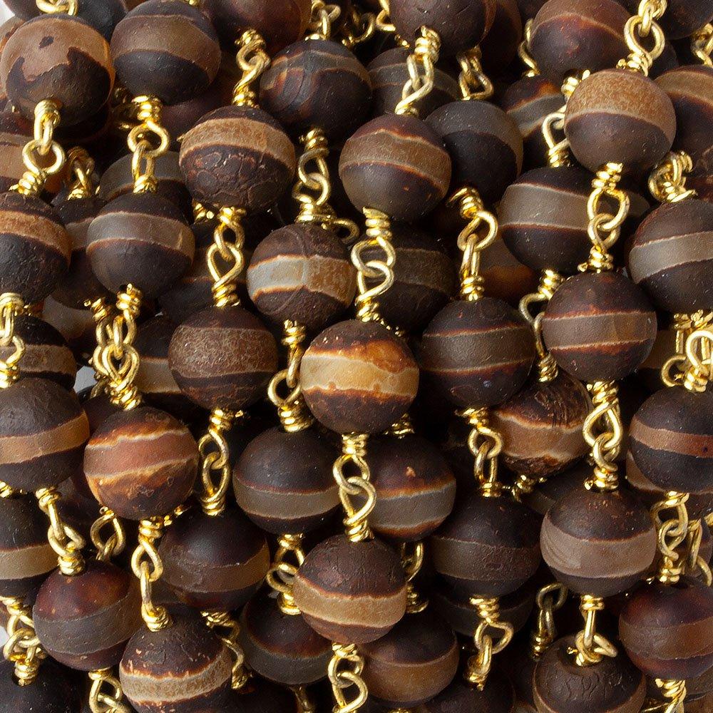 8mm Matte Brown Tibetan Agate round Gold Chain by the foot with 21 pcs - The Bead Traders