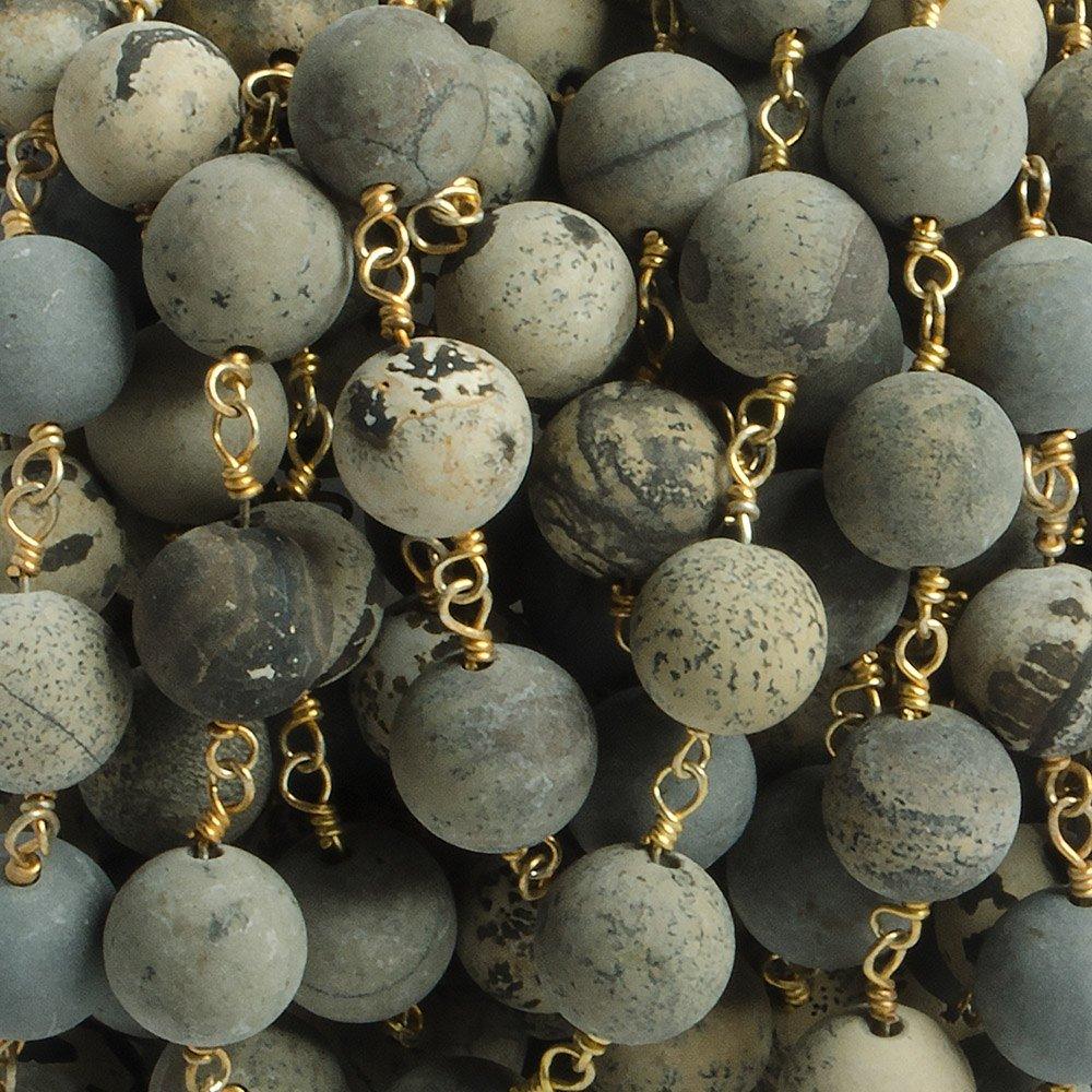 8mm Matte Chinese Painting Stone Jasper plain round Gold plated Chain by the foot with 22 pieces - The Bead Traders