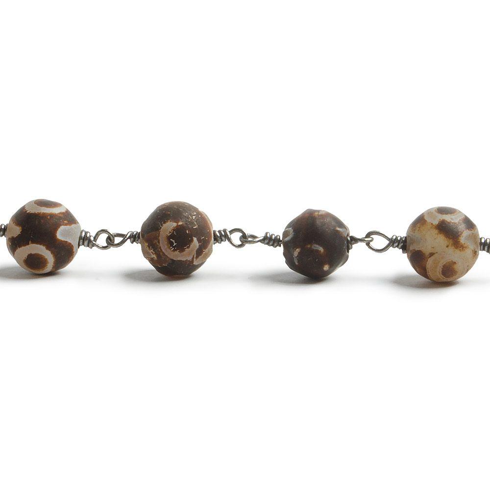 8mm Matte Dark Brown Tibetan Agate round Black Gold Chain by the foot with 21 pcs - The Bead Traders