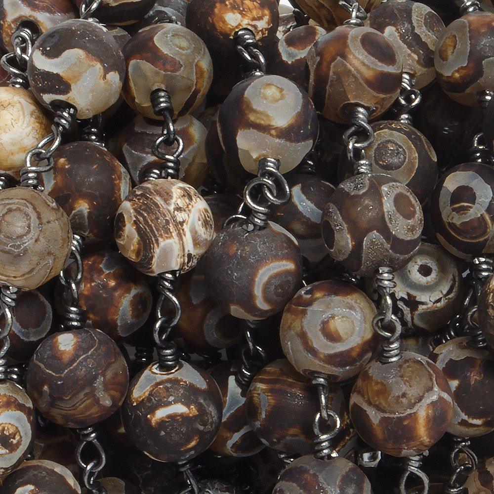 8mm Matte Dark Brown Tibetan Agate round Black Gold Chain by the foot with 21 pcs - The Bead Traders