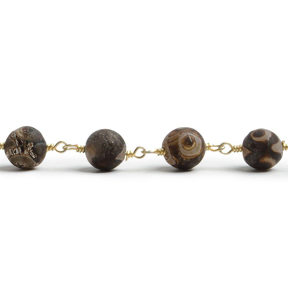 8mm Matte Dark Brown Tibetan Agate round Gold Chain by the foot with 21 pcs - The Bead Traders