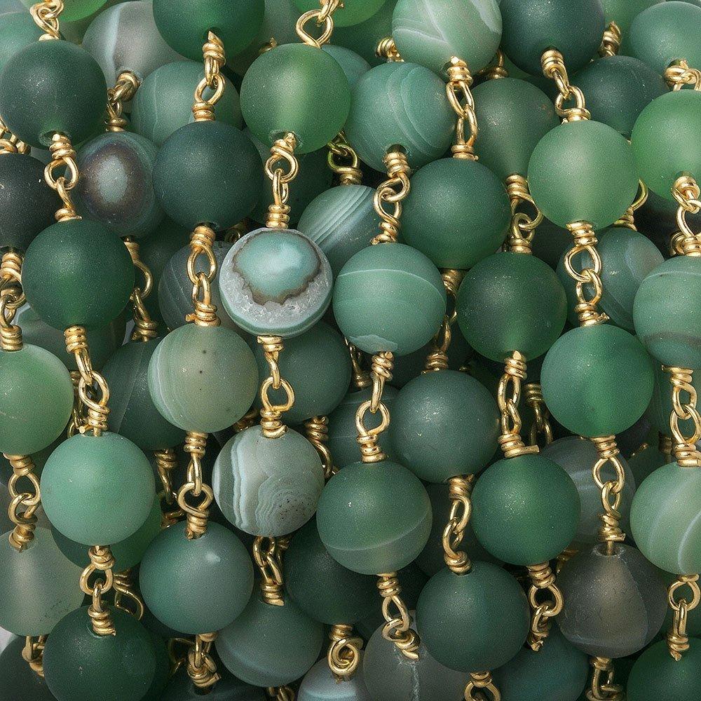8mm Matte Green Banded Agate plain round Gold Chain by the foot 21 beads - The Bead Traders