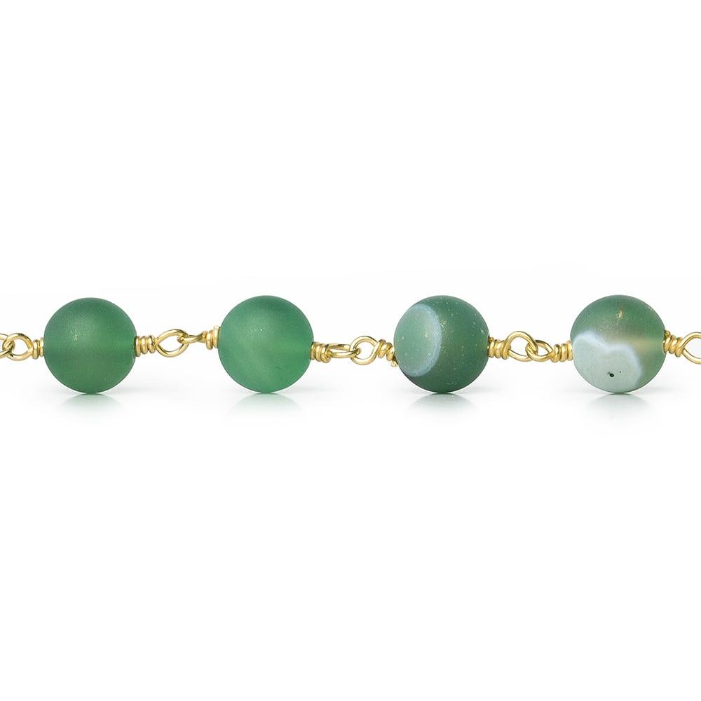 8mm Matte Green Banded Agate plain round Gold Chain by the foot 21 beads - The Bead Traders
