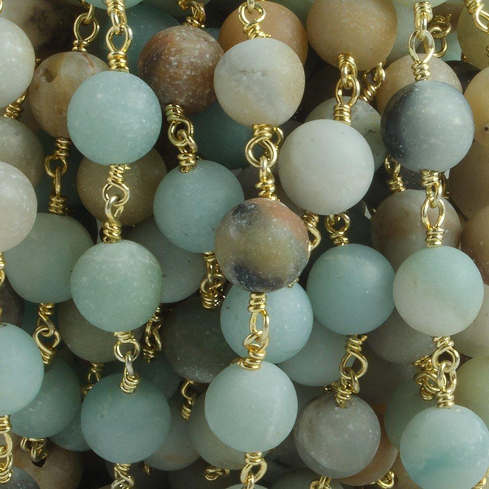 8mm Matte Multi Color Amazonite plain round Gold Chain by the foot with 21 beads - The Bead Traders