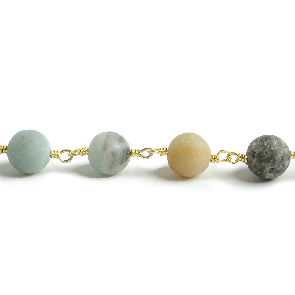 8mm Matte Multi Color Amazonite plain round Gold Chain by the foot with 21 beads - The Bead Traders