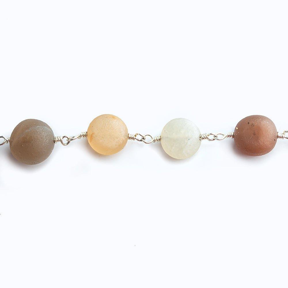 8mm Matte Multi Color Moonstone puffy coin Silver plated Chain - The Bead Traders
