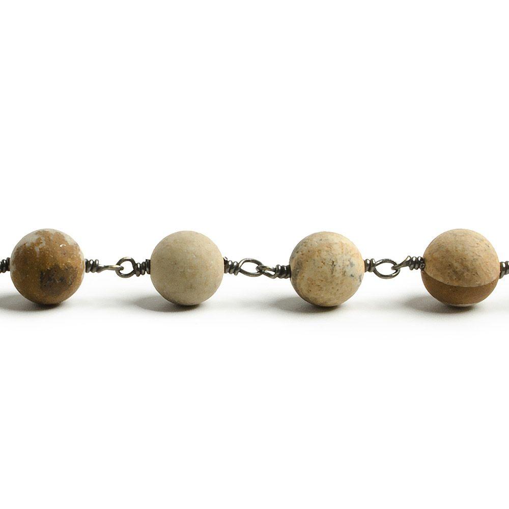 8mm Matte Picture Jasper plain round Black Gold plated Chain by the foot with 22 pieces - The Bead Traders