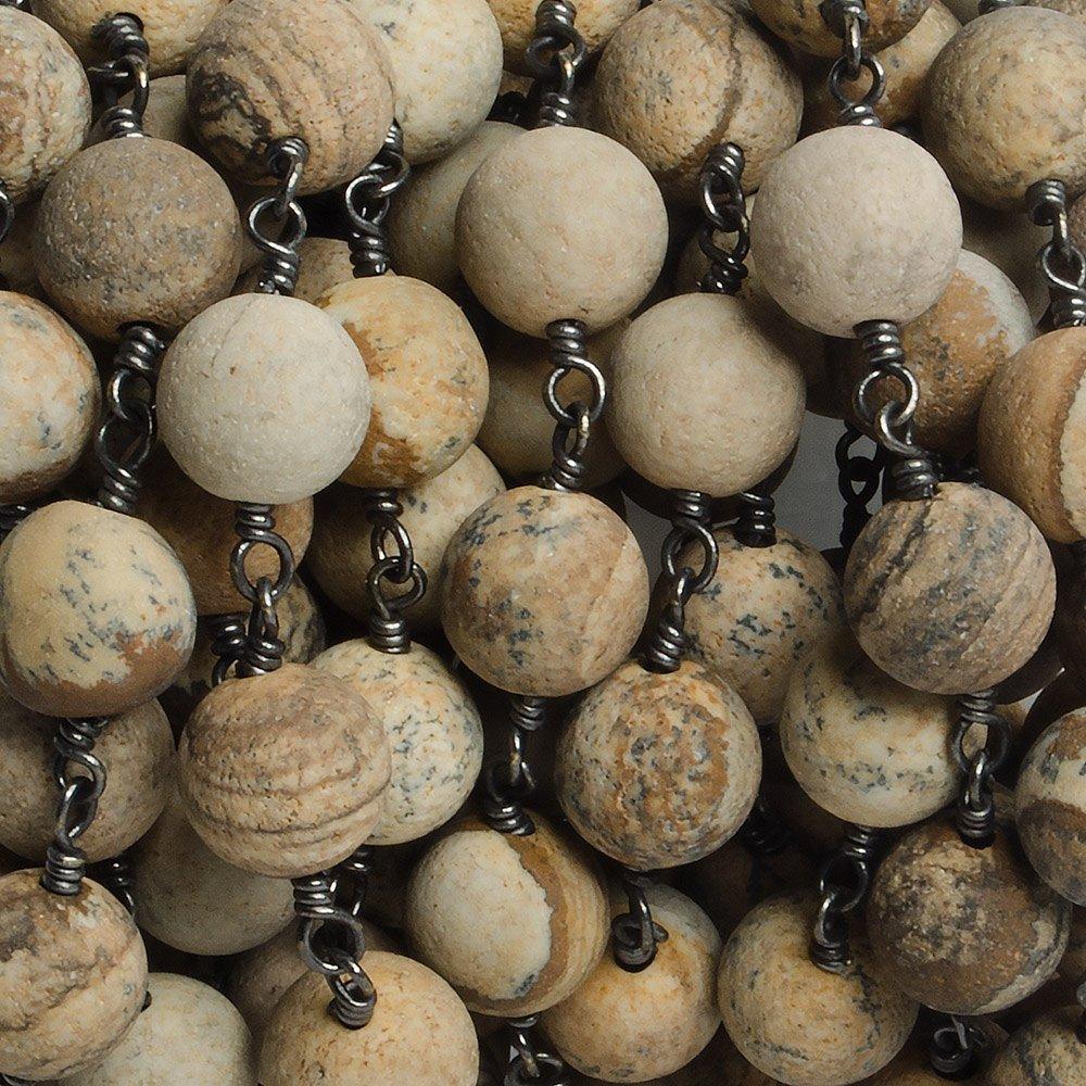 8mm Matte Picture Jasper plain round Black Gold plated Chain by the foot with 22 pieces - The Bead Traders