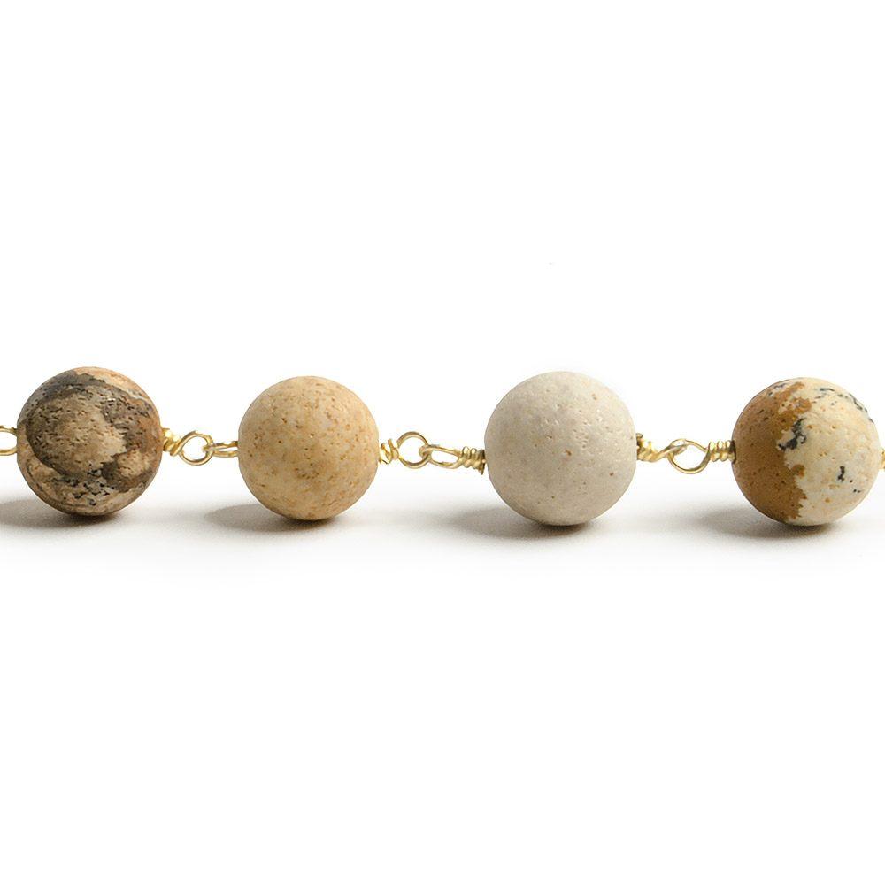 8mm Matte Picture Jasper plain round Gold plated Chain by the foot with 22 pieces - The Bead Traders