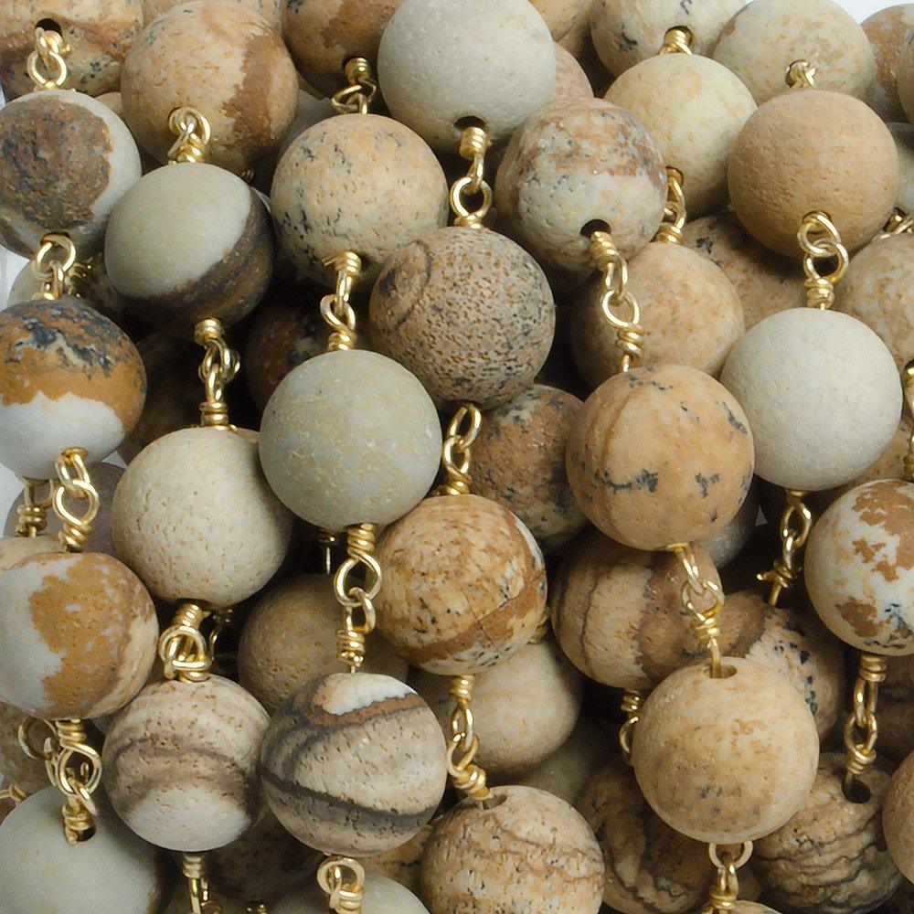 8mm Matte Picture Jasper plain round Gold plated Chain by the foot with 22 pieces - The Bead Traders