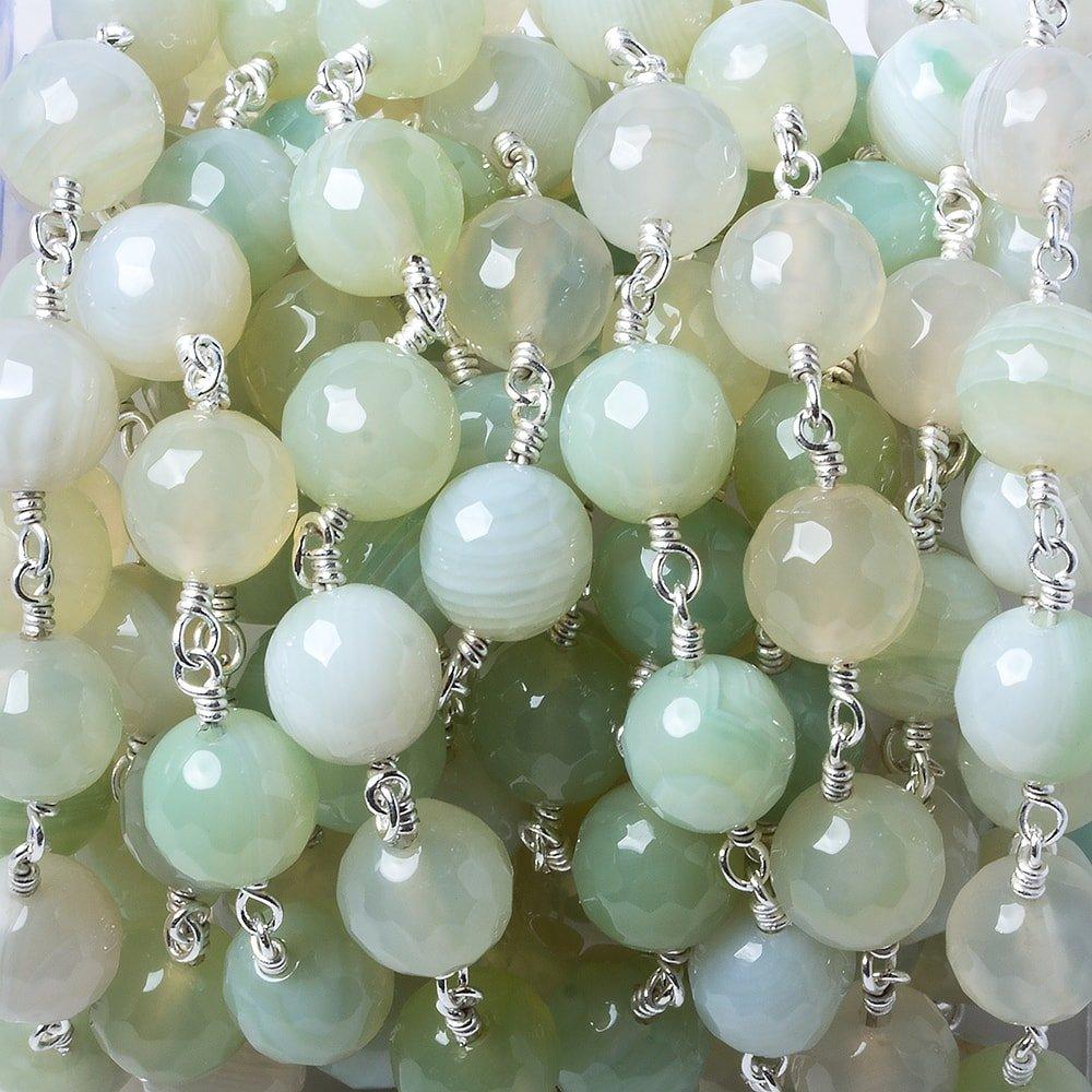 8mm Mint Green banded Agate faceted round Silver plated Chain by the foot 21 pieces - The Bead Traders