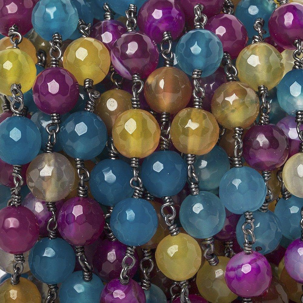 8mm Multi Color Agate faceted round Black Gold Chain by the foot 21 beads - The Bead Traders