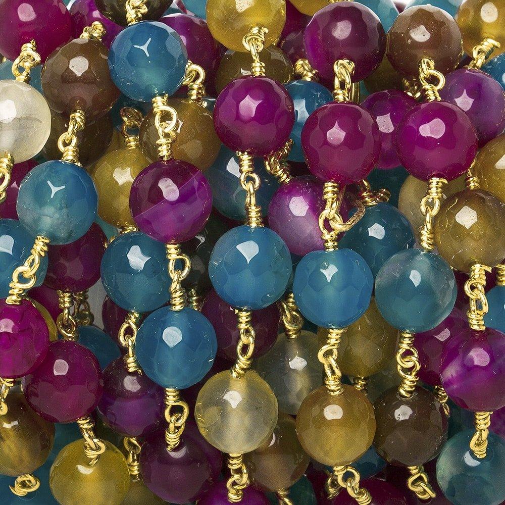 8mm Multi Color Agate faceted round Gold Chain by the foot 21 beads - The Bead Traders