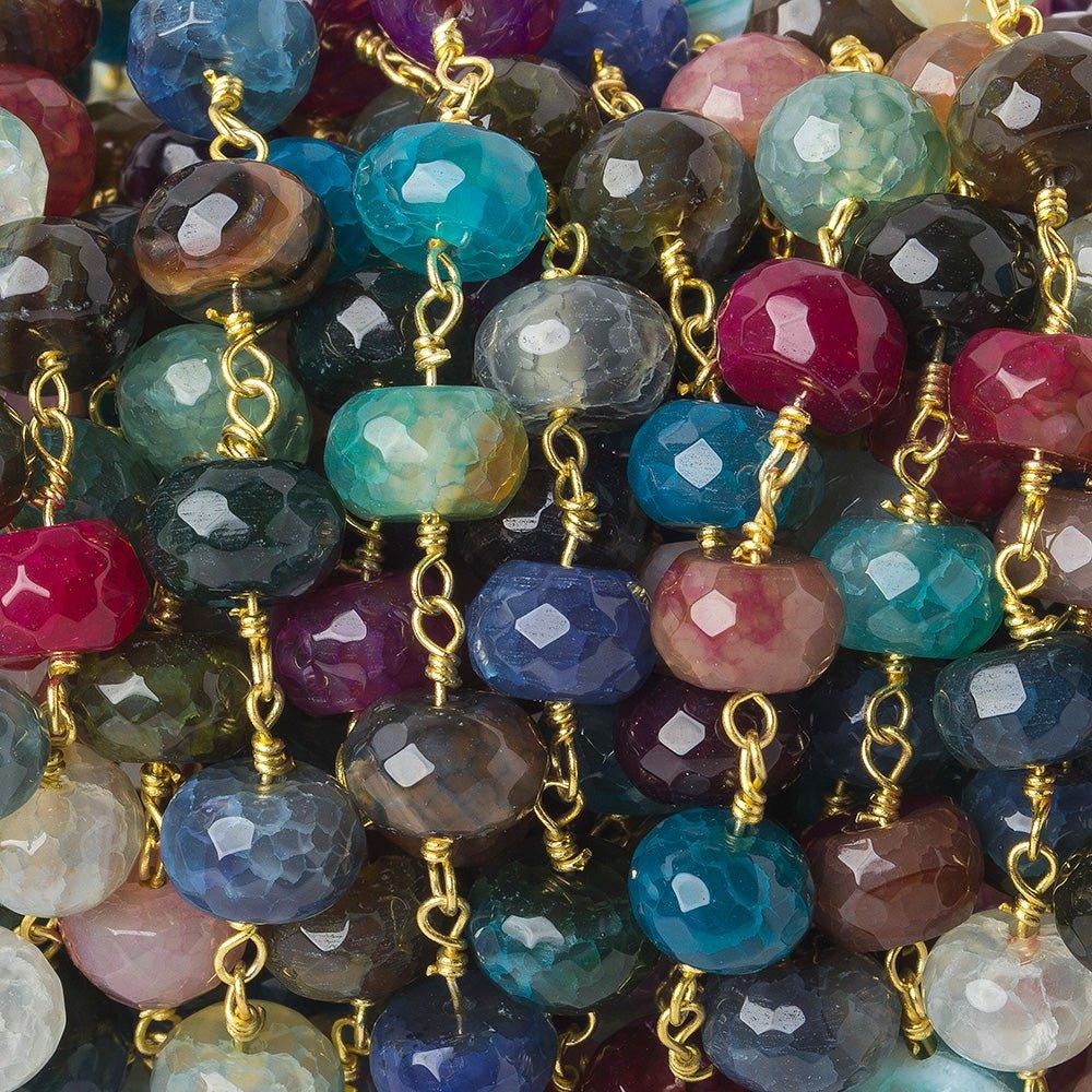 8mm Multi Color Crackled Agate faceted rondelle Gold plated Chain by the foot 25 beads - The Bead Traders