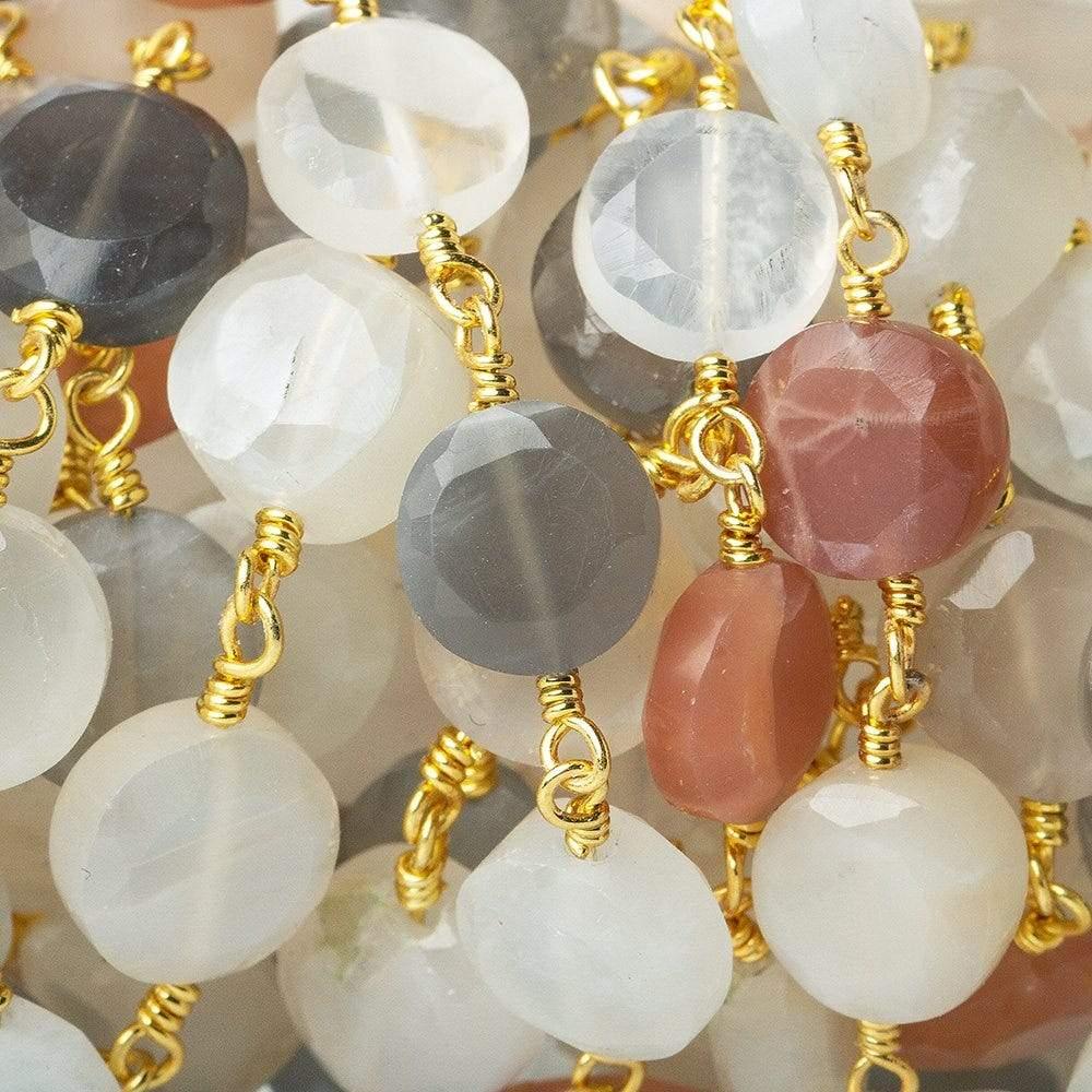 8mm Multi Color Moonstone faceted coin Gold Chain 22 pieces - The Bead Traders