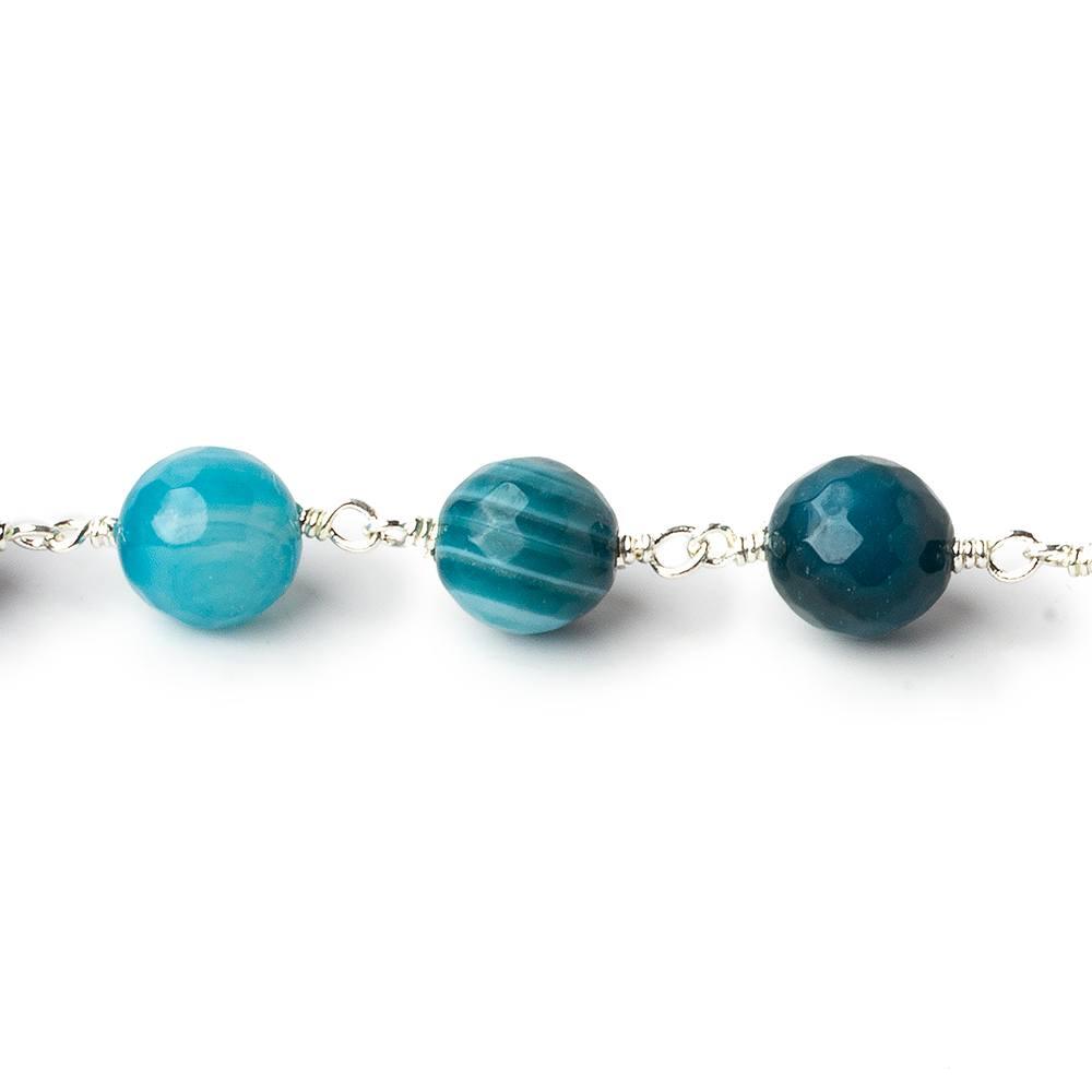 8mm Multi-tonal Blue Banded Agate faceted round Silver plated Chain by the foot 22 pieces - The Bead Traders