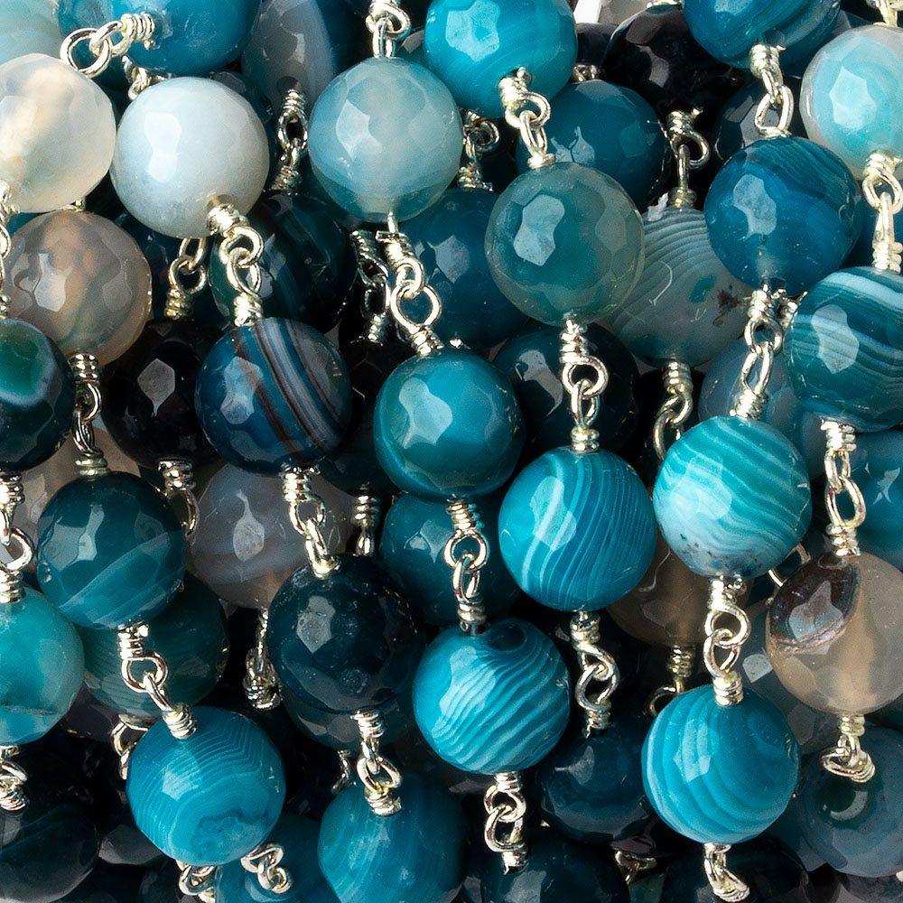8mm Multi-tonal Blue Banded Agate faceted round Silver plated Chain by the foot 22 pieces - The Bead Traders