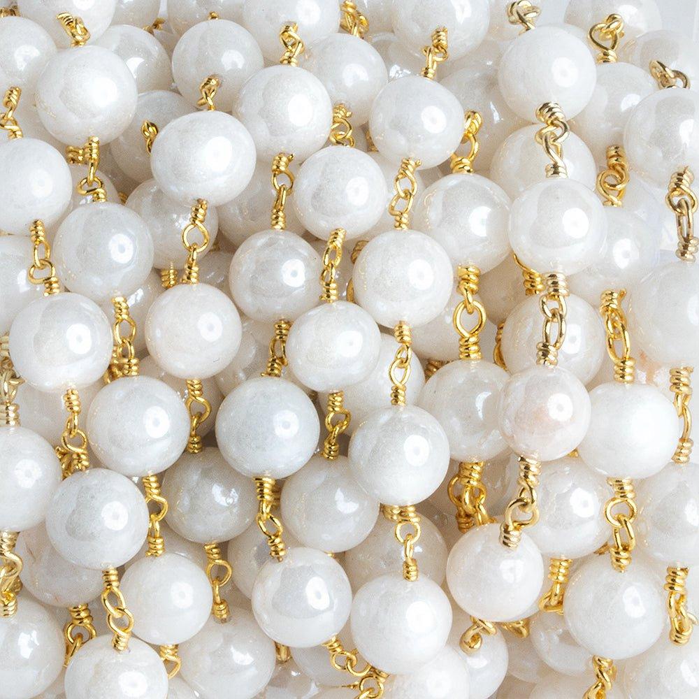 8mm Mystic White Quartz Round Gold Chain by the Foot 23 pieces - The Bead Traders