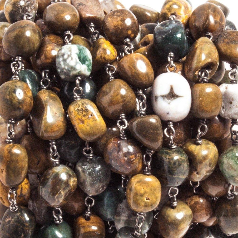 8mm Ocean Jasper plain nugget Black Gold Plated Chain by the foot 23 beads - The Bead Traders