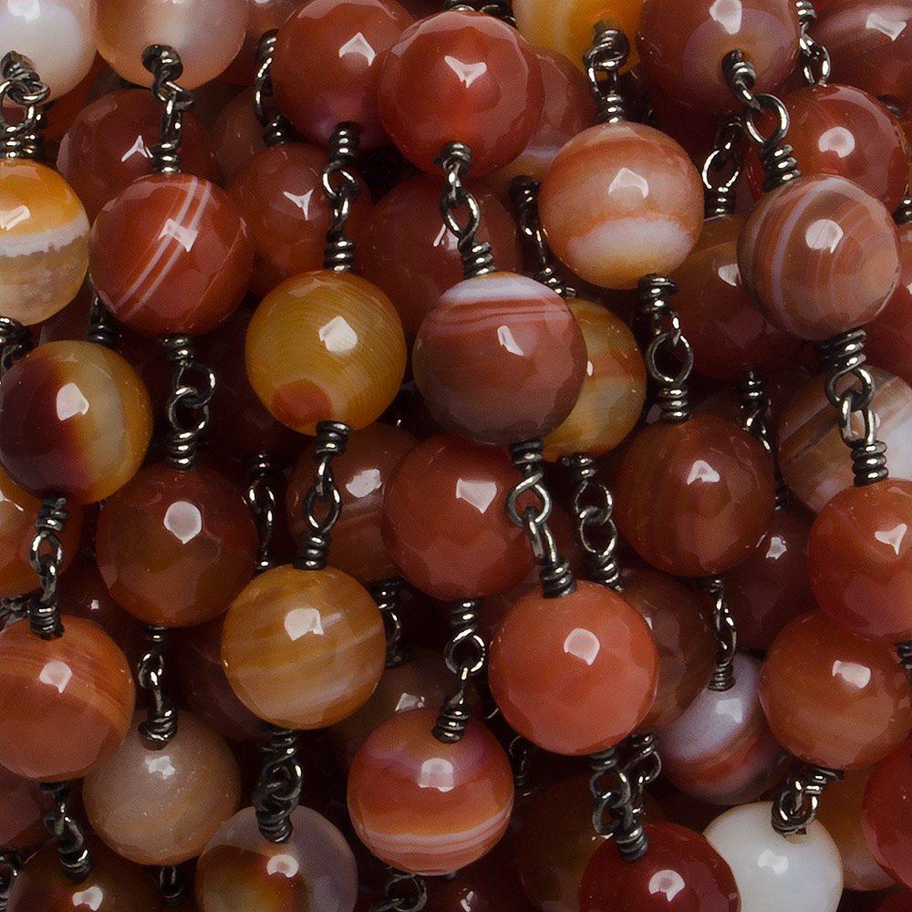 8mm Orange banded Agate faceted round Black Gold Chain by the foot with 21 pieces - The Bead Traders