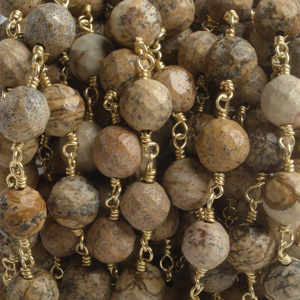 8mm Picture Jasper faceted round Gold plated Chain by the foot 21 beads - The Bead Traders
