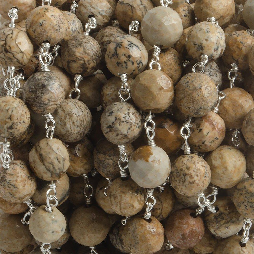 8mm Picture Jasper faceted round Silver plated Chain by the foot 21 beads - The Bead Traders