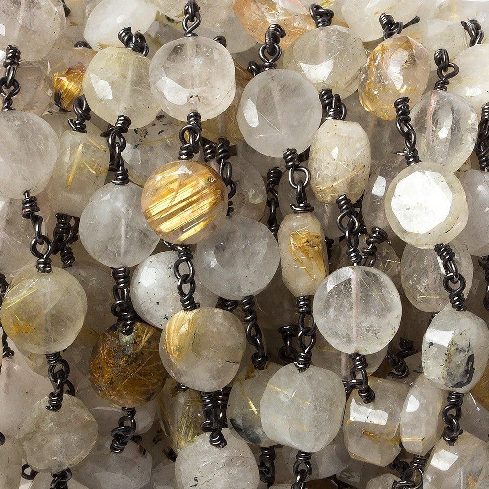 8mm Rutilated Quartz faceted coin Black Gold plated Chain by the foot 22 pieces - The Bead Traders