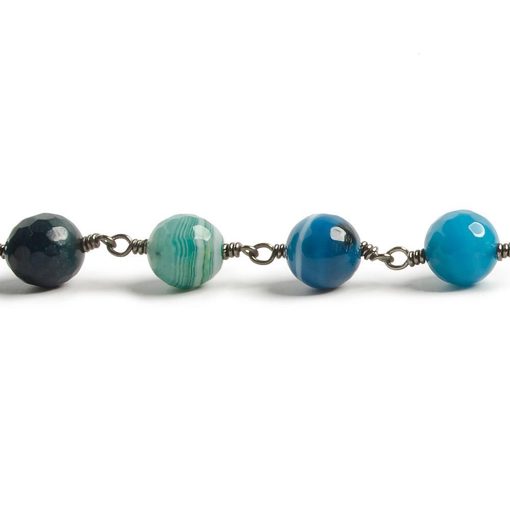 8mm Sea Blues banded Agate faceted round Black Gold Chain by the foot with 21 pieces - The Bead Traders