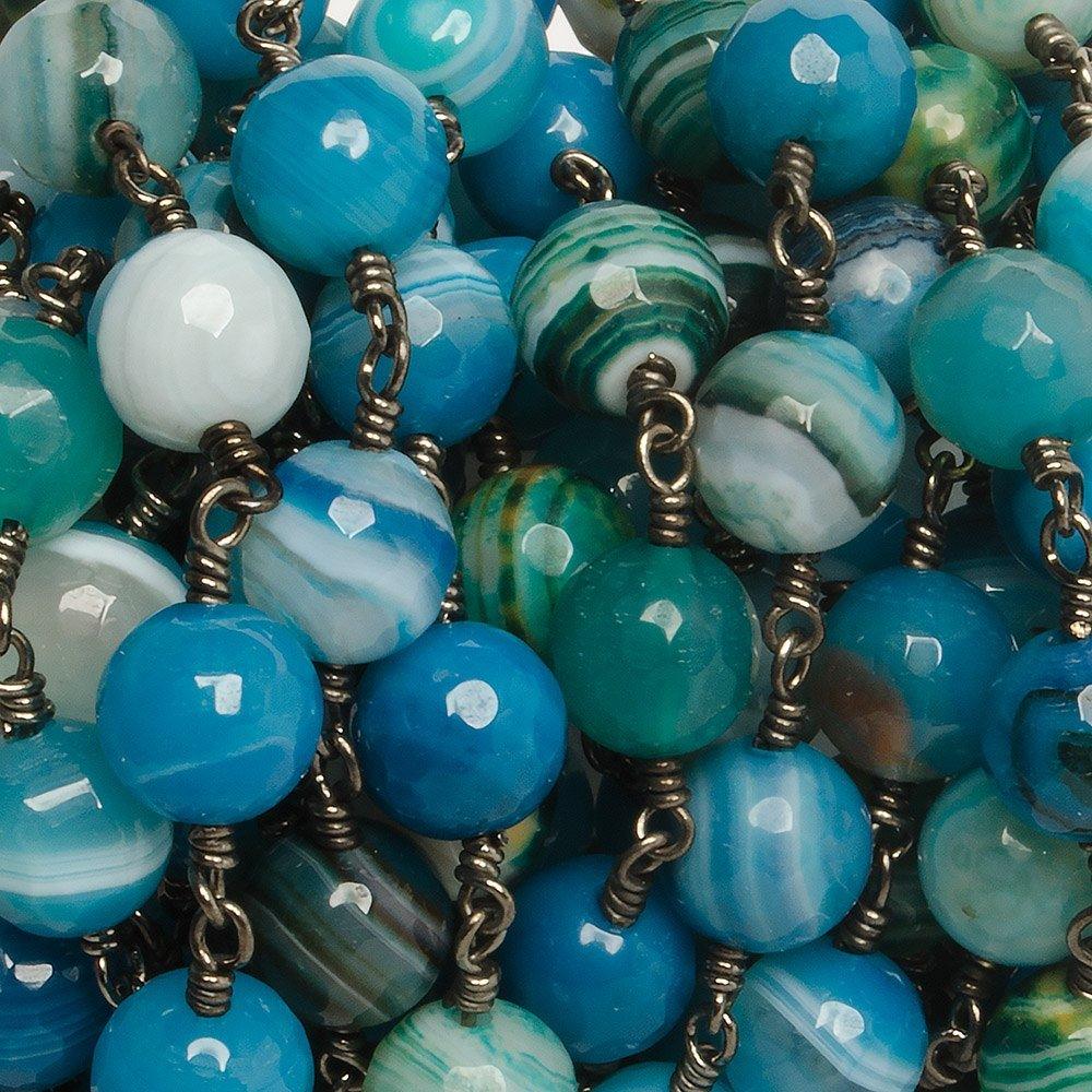 8mm Sea Blues banded Agate faceted round Black Gold Chain by the foot with 21 pieces - The Bead Traders