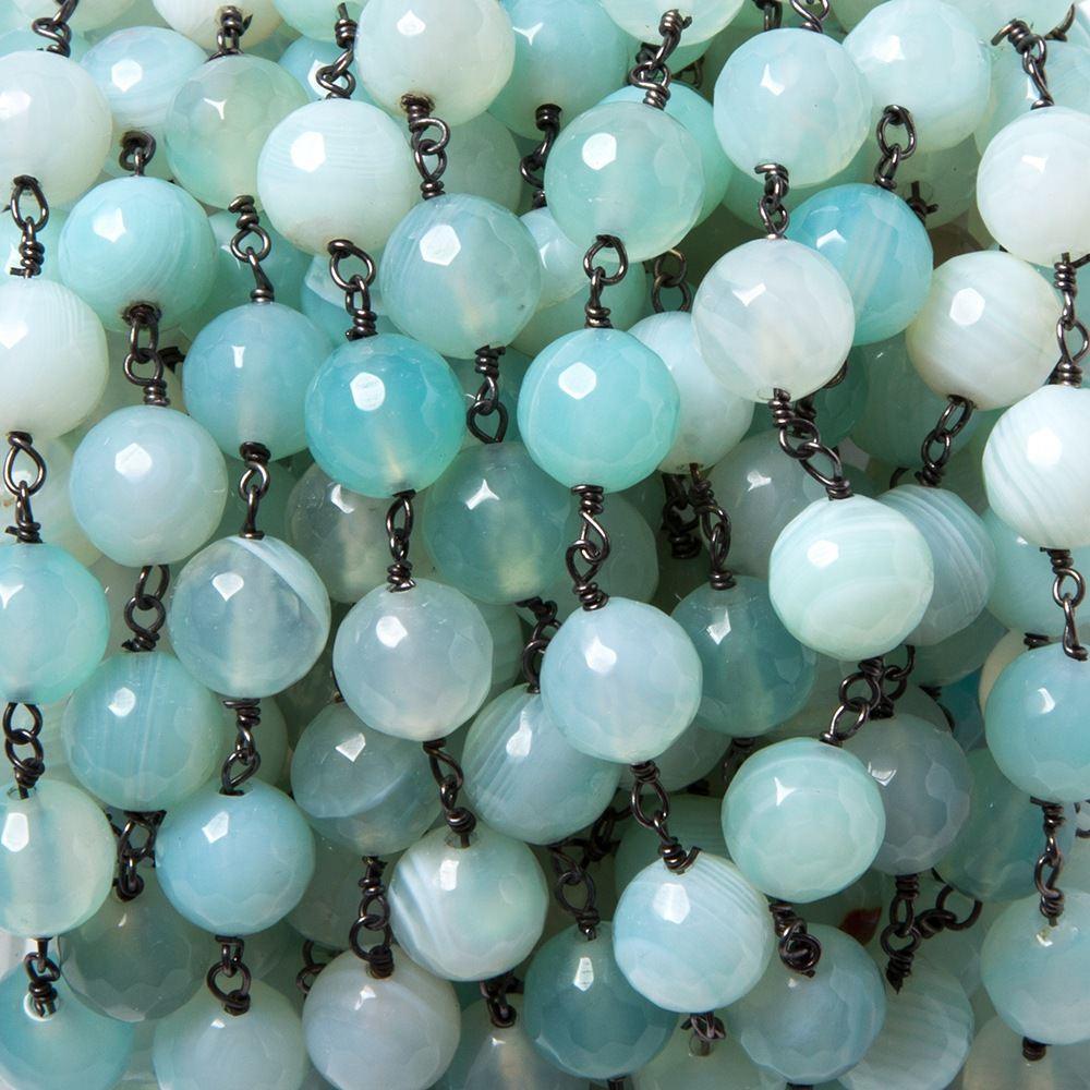 8mm SeaBlue Agate faceted round Black Gold plated Chain by the foot 22 pieces - The Bead Traders