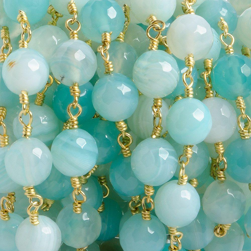 8mm Sky Blue banded Agate faceted round Gold Chain by the foot with 21 pieces - The Bead Traders