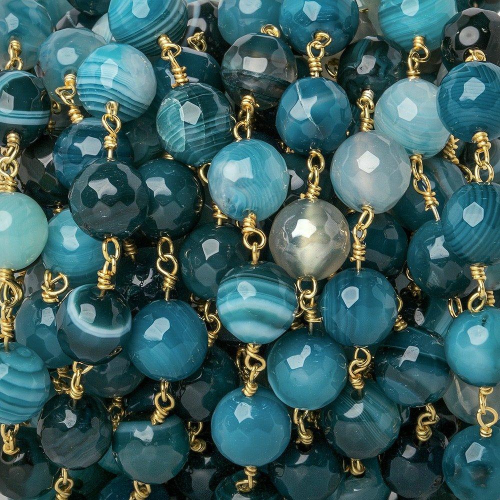 8mm Teal Banded Agate faceted round Gold Chain by the foot 21 beads - The Bead Traders