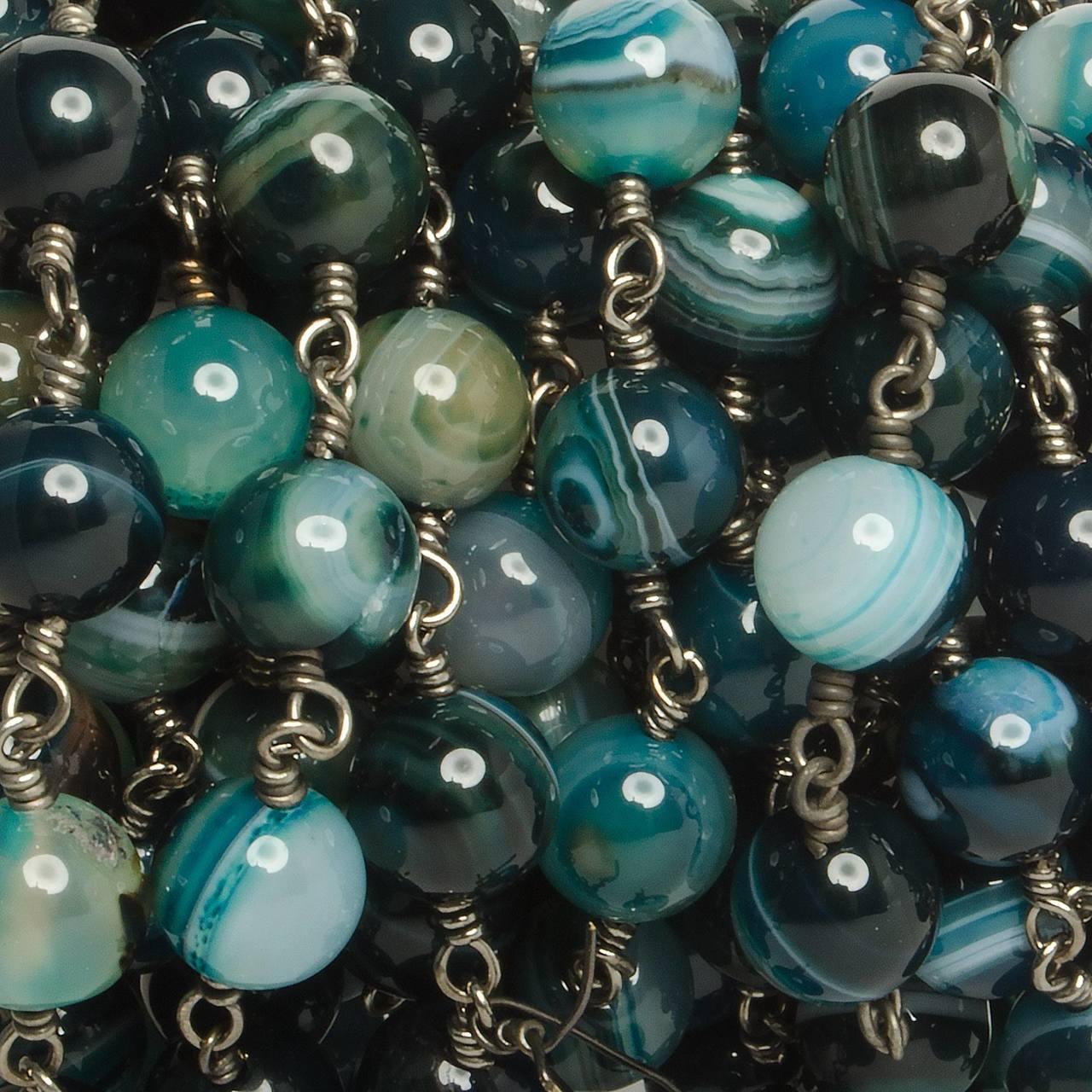 8mm Teal banded Agate plain round Black Gold Chain by the foot with 21 pieces - The Bead Traders