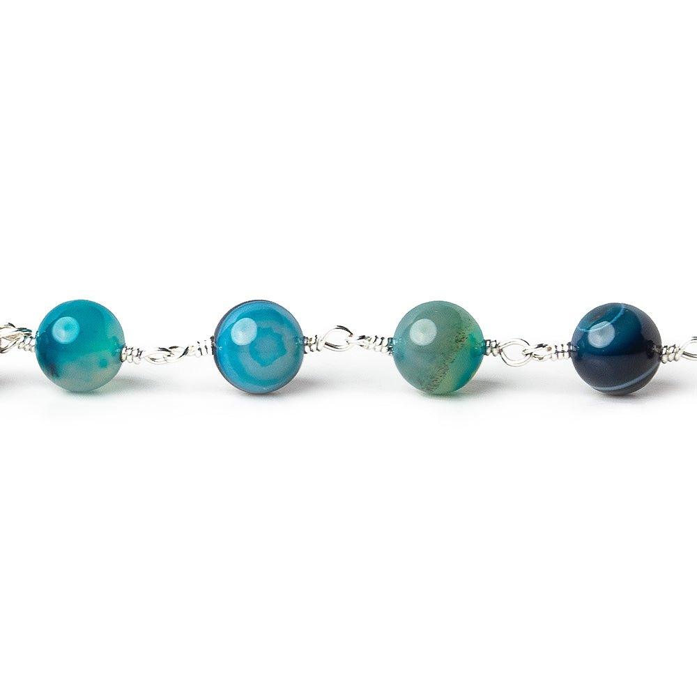8mm Teal Banded Agate plain round Silver Chain by the foot with 20 pieces - The Bead Traders