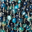 8mm Teal Banded Agate plain round Silver Chain by the foot with 20 pieces - The Bead Traders