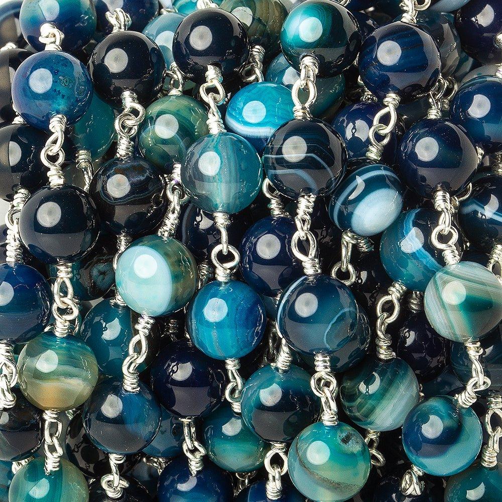 8mm Teal Banded Agate plain round Silver Chain by the foot with 20 pieces - The Bead Traders