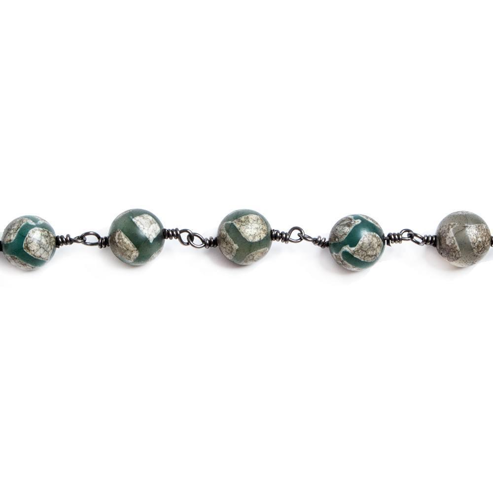 8mm Teal Tibetan Agate Plain Rounds Black Chain by the foot 20 pieces - The Bead Traders